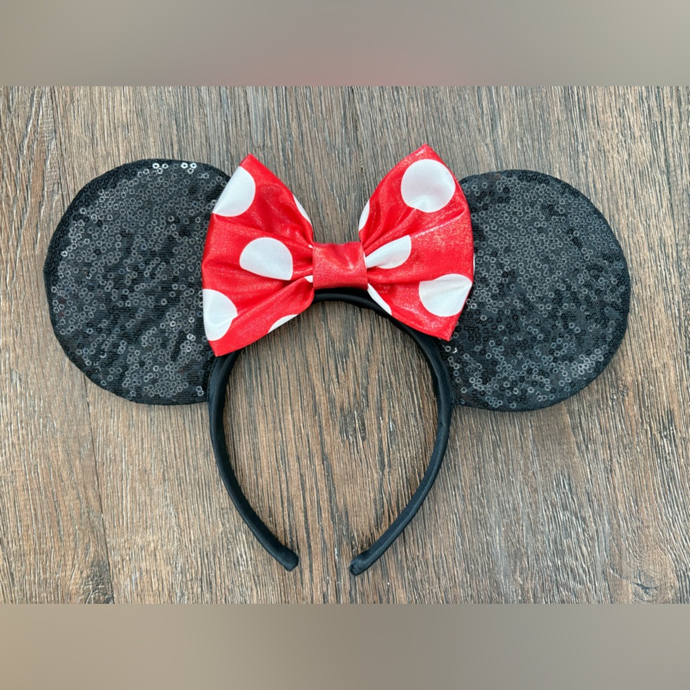 Adult Minnie Mouse Ears black sequin headband with red and white polka dot Bow